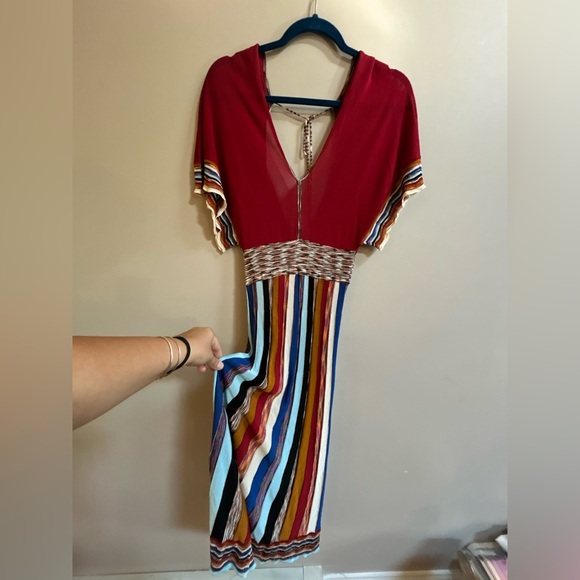 Ottod’Ame Italy Multicolored Knit Viscose V-Neck Tie Back Long Boho Dress - Picture 8 of 16